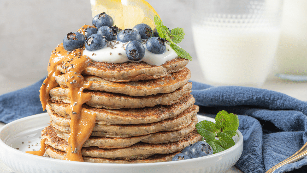 recipe stack of blueberry sweet potato pancakes